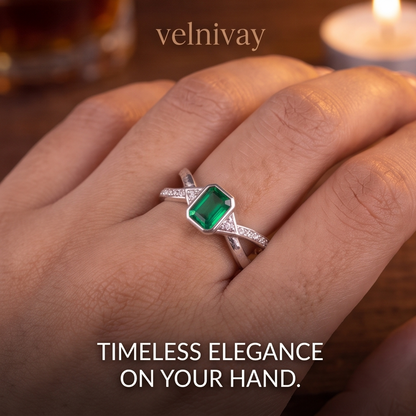 VELNIVAY Aurelia Emerald Ring — Green Gemstone Silver Statement Ring