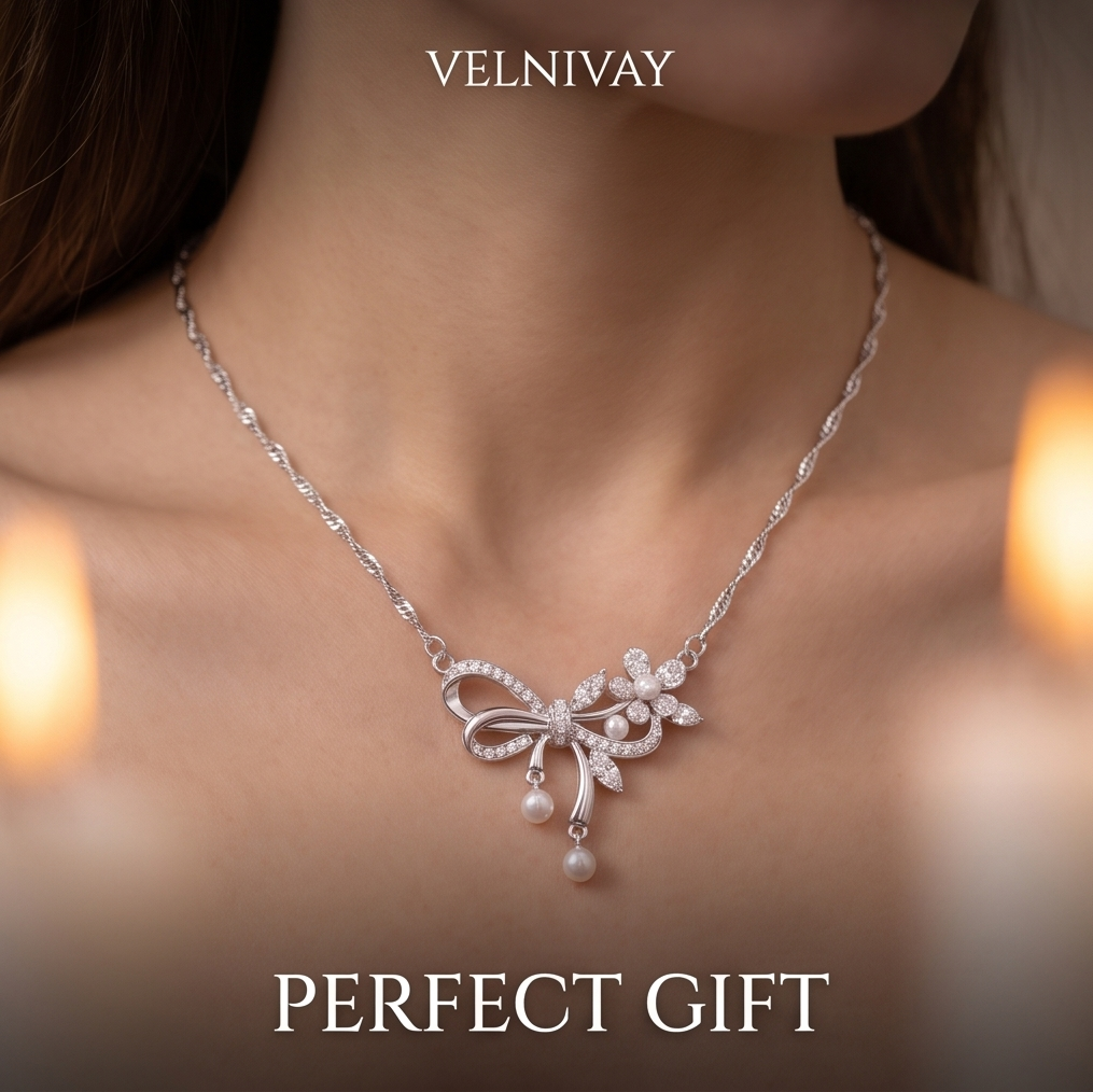 VELNIVAY Graceful Bow & Floral Pearl Necklace