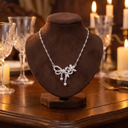 VELNIVAY Graceful Bow & Floral Pearl Necklace