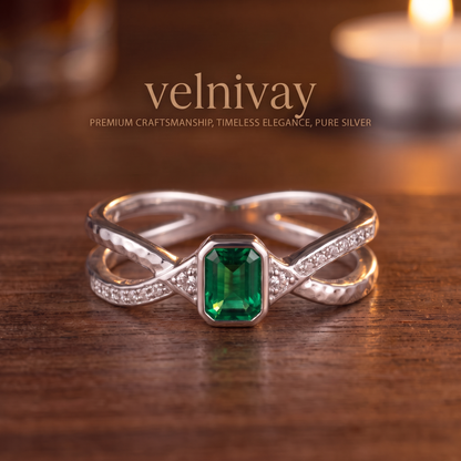 VELNIVAY Aurelia Emerald Ring — Green Gemstone Silver Statement Ring