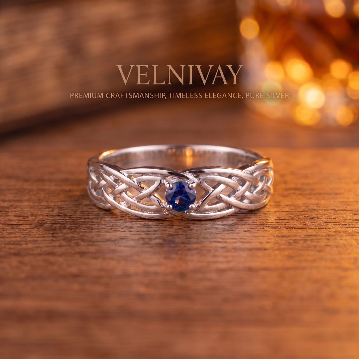 VELNIVAY Celeste Knot Ring — Blue Sapphire Celtic Silver Ring