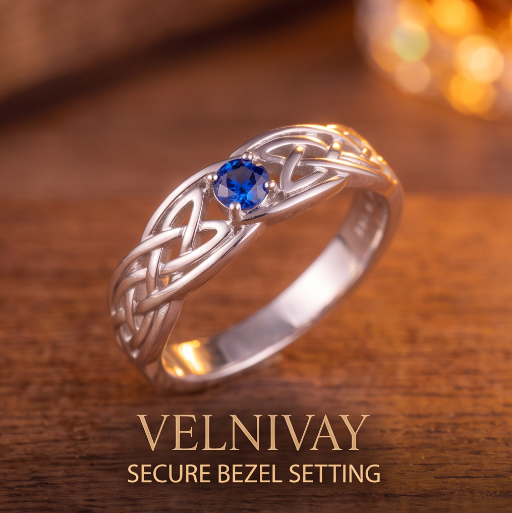 VELNIVAY Celeste Knot Ring — Blue Sapphire Celtic Silver Ring