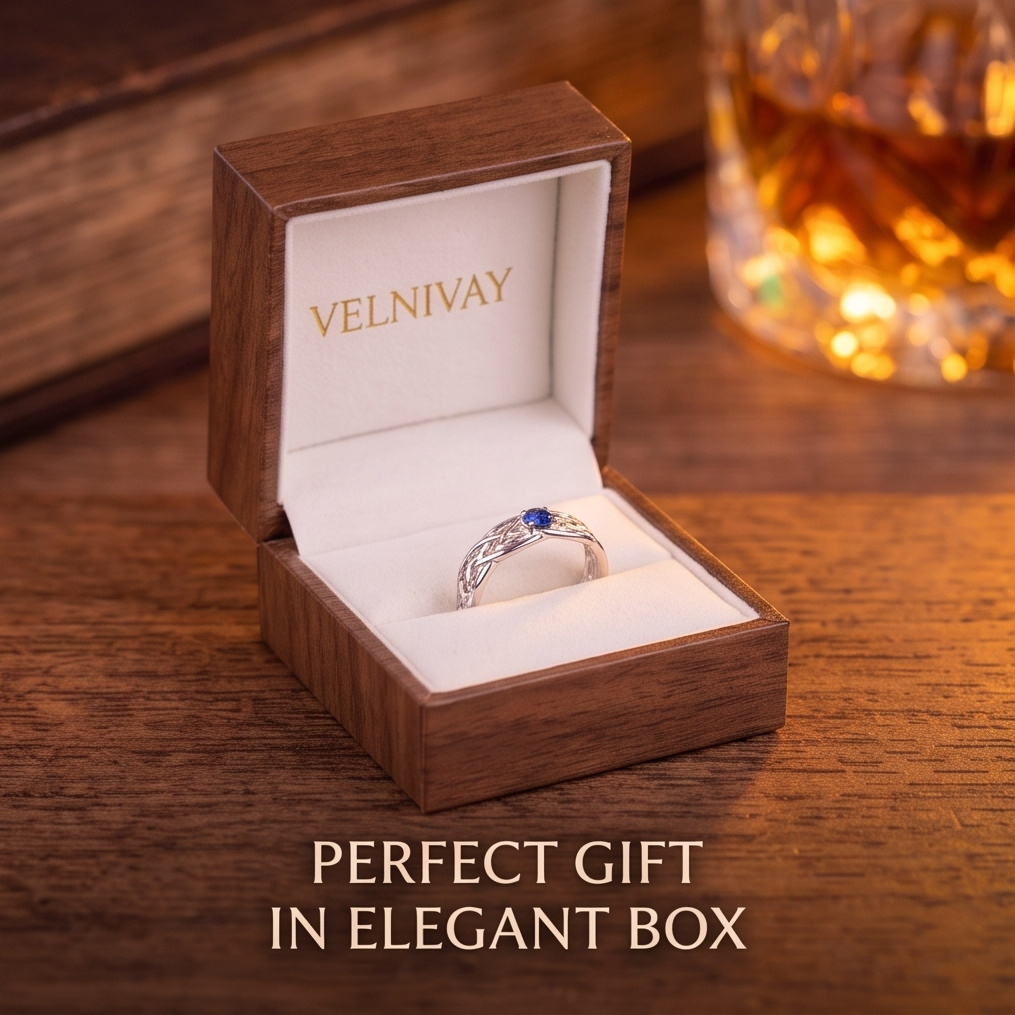 VELNIVAY Celeste Knot Ring — Blue Sapphire Celtic Silver Ring