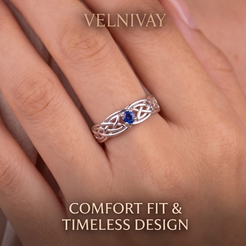 VELNIVAY Celeste Knot Ring — Blue Sapphire Celtic Silver Ring