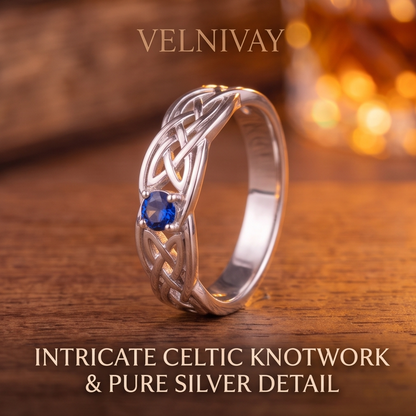 VELNIVAY Celeste Knot Ring — Blue Sapphire Celtic Silver Ring