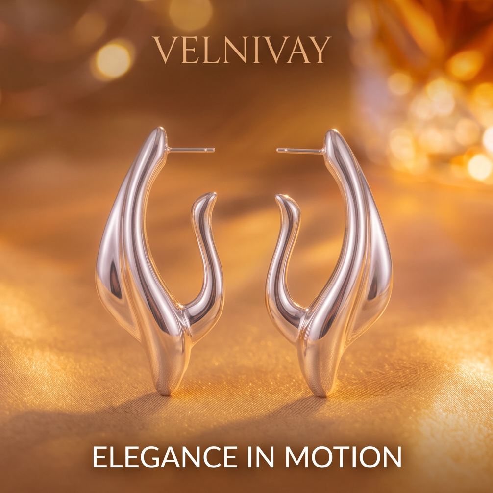 VELNIVAY Sculptural Wave Earrings — Modern Silver Statement Earrings